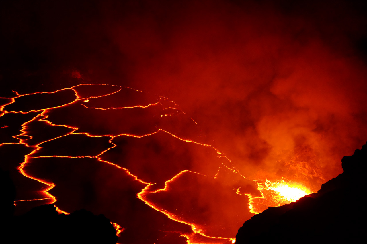 The lava shines at night.