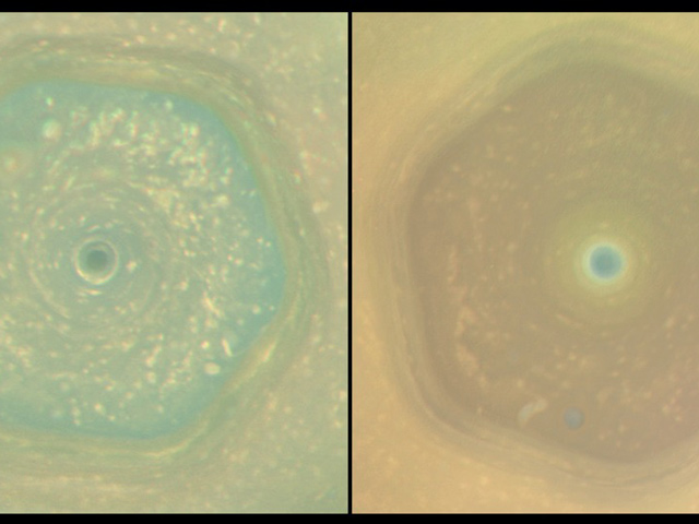 Two images of Saturn's Hexagon in different colors