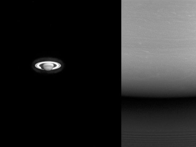These two images illustrate just how far NASA's Cassini spacecraft traveled to get to Saturn. At left, one of the earliest images taken of the ringed planet. At right, one of Cassini's final images of Saturn.