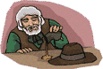 Clip art image of a old prospector pouring out gold dust on a table