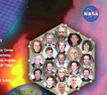Hexagon with images of Genesis science team, NASA logo, on cloudy background depicting space
