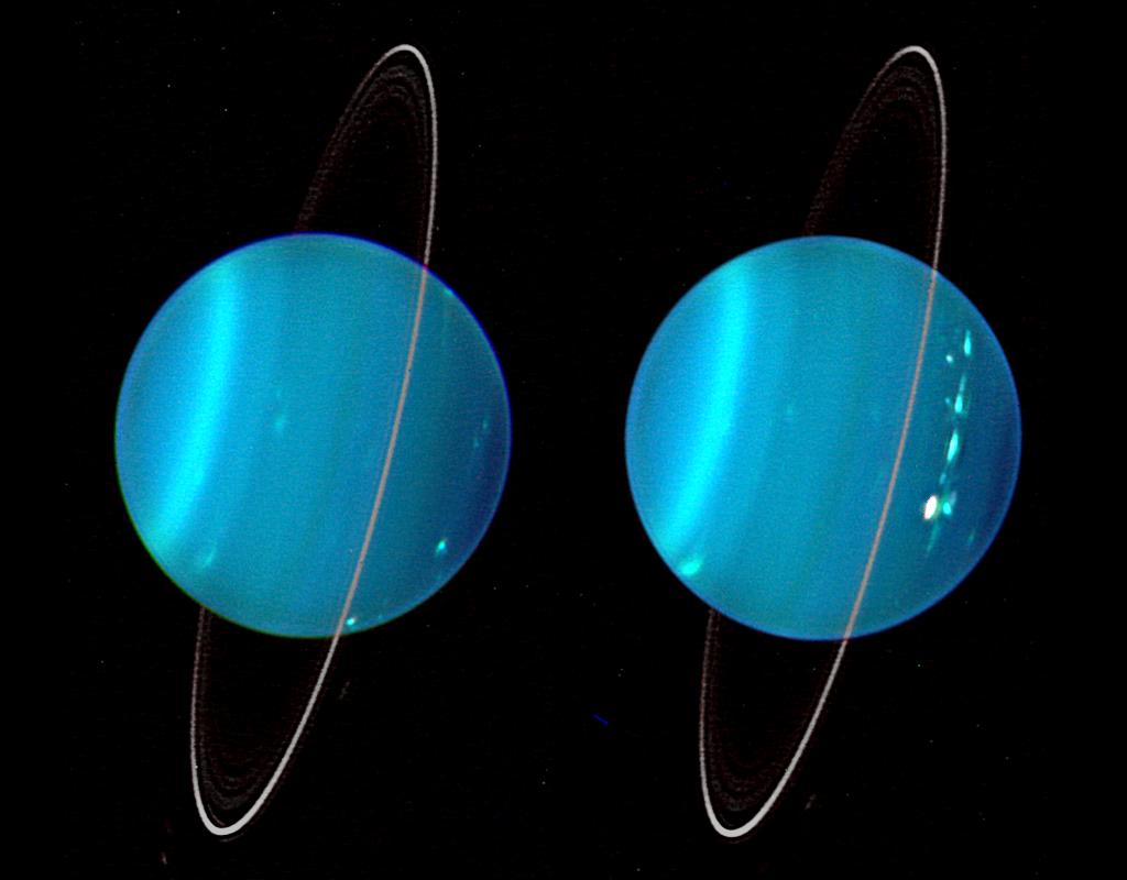 zwei Teleskopbilder von Uranus, die Ringe und helle Sturmflecken zeigen