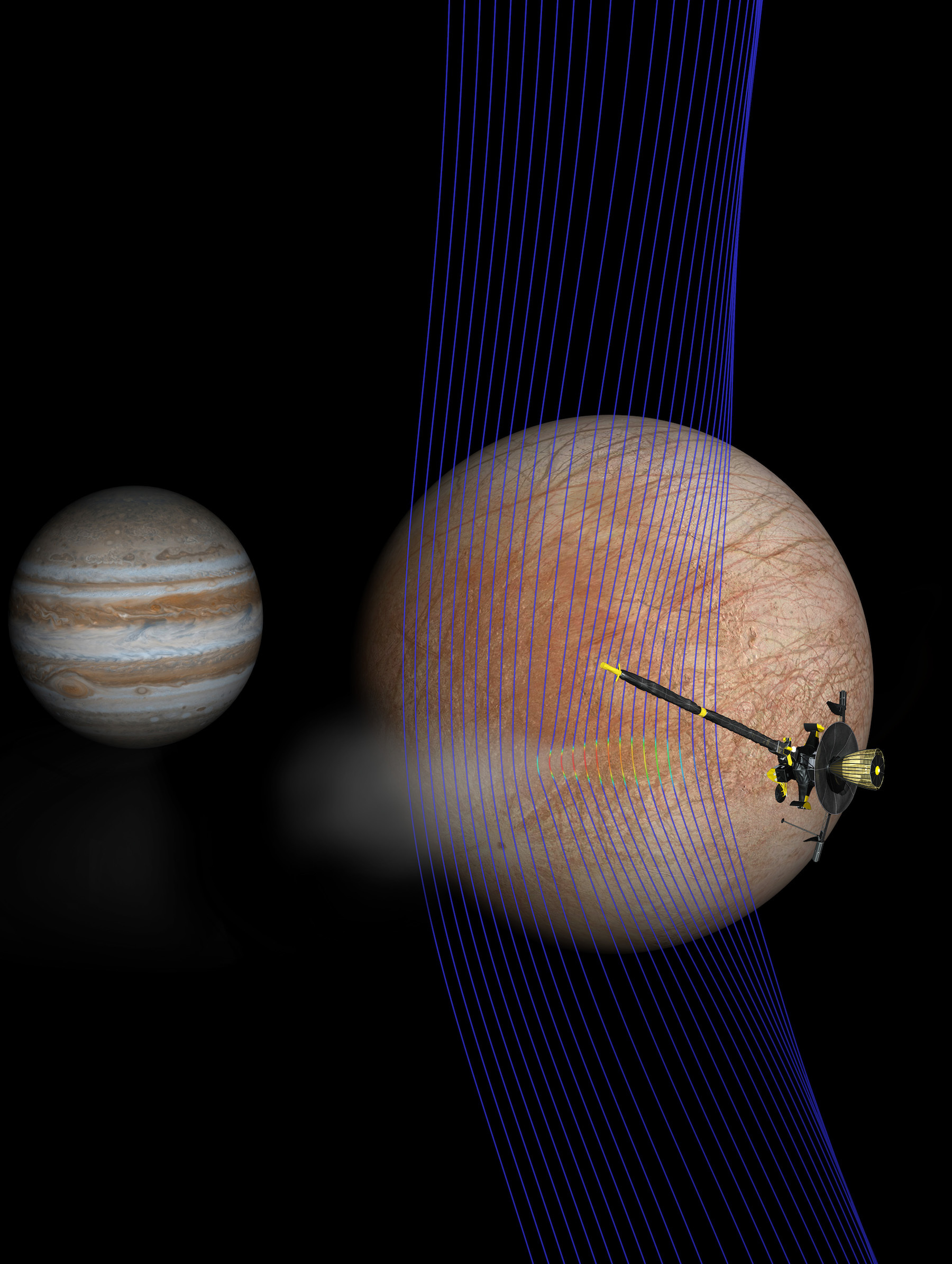 illustration of spacecraft at europa with jupiter in background