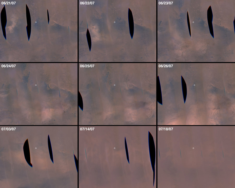 Sequence of images showing increasing dust on Mars.