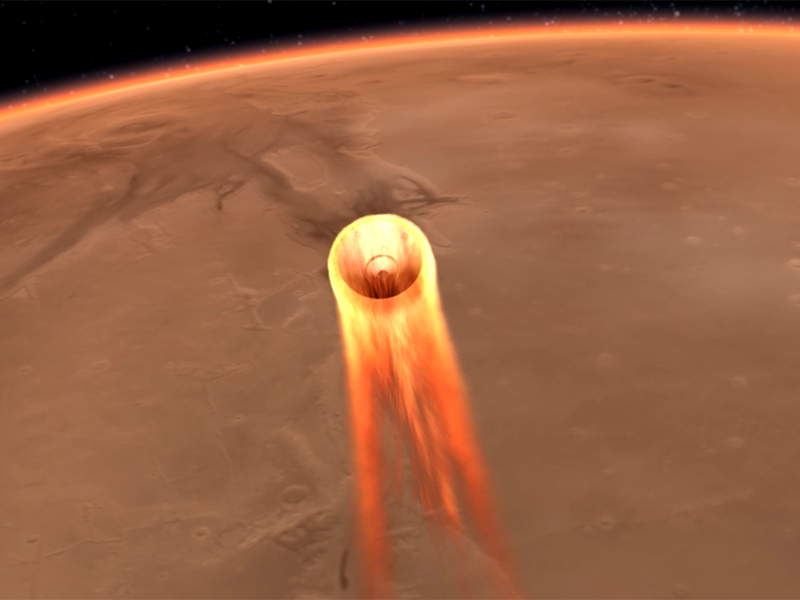 Illustration of spacecraft entering Mars atmosphere.