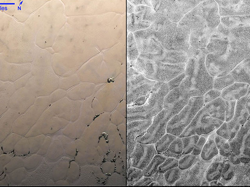 Comparison shows how enhanced techniques reveal more detail on Pluto's surface.