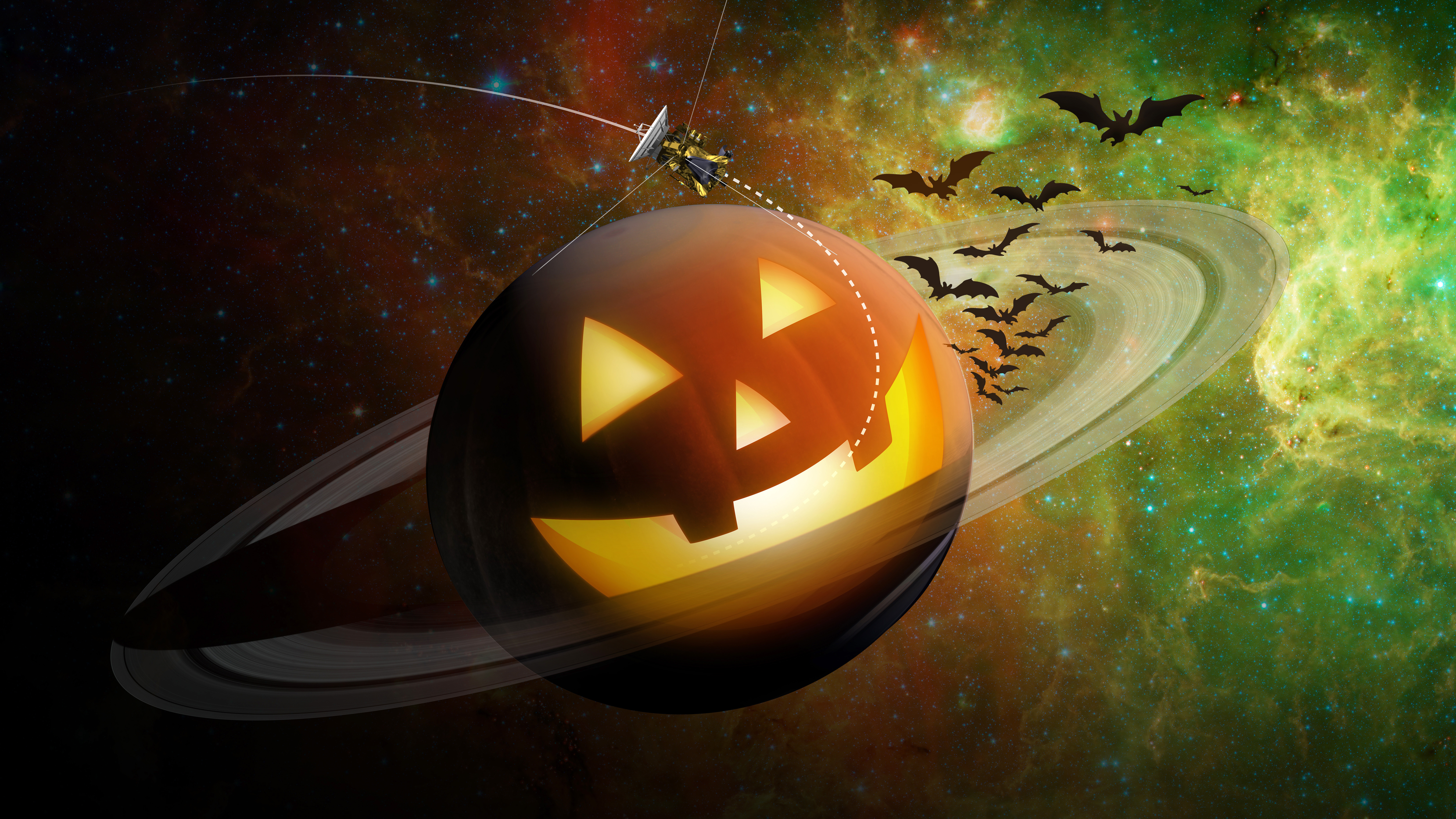 Illustration of Cassini flying in to pumpkin's mouth.
