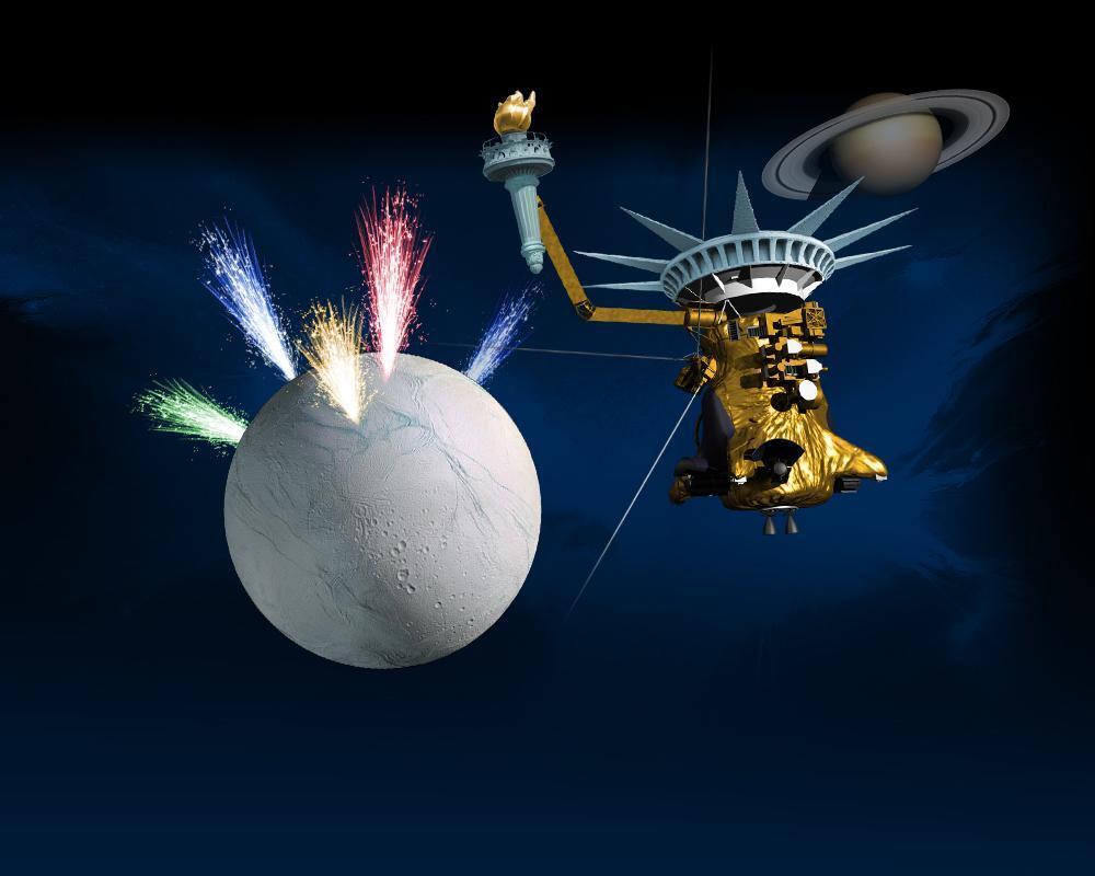 Cassini and Enceladus decorated with Fourth of July artwork.