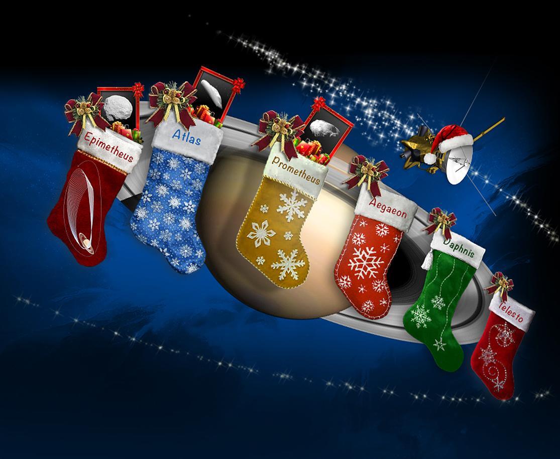 Illustration of Saturn with holiday stockings hanging from its rings.