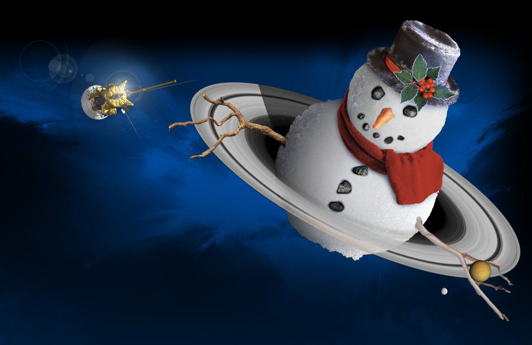 Illustration of Saturn as a snowman.