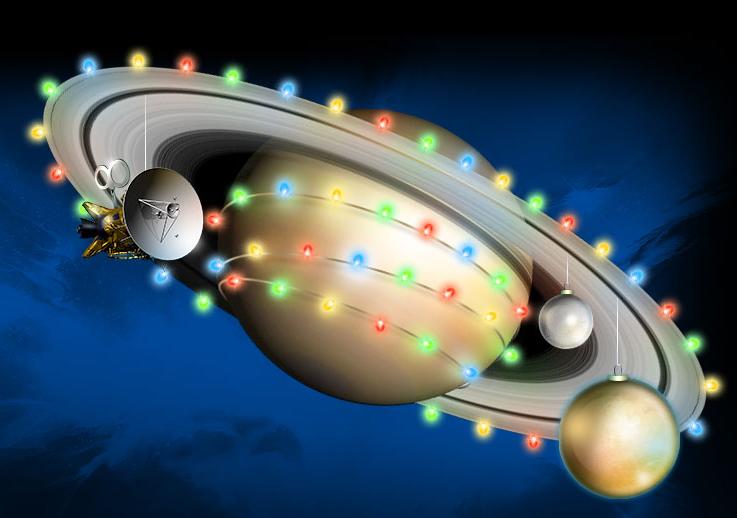 Illustration of Saturn wrapped in holiday lights.