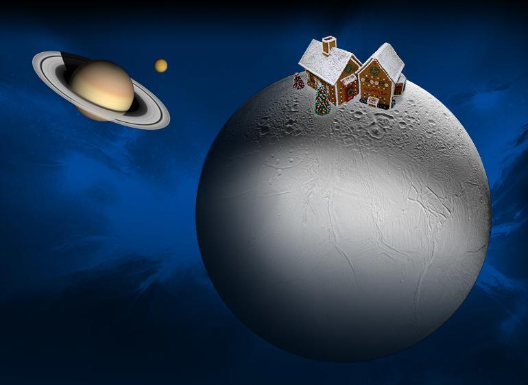 Illustration of gingerbread house on Enceladus.