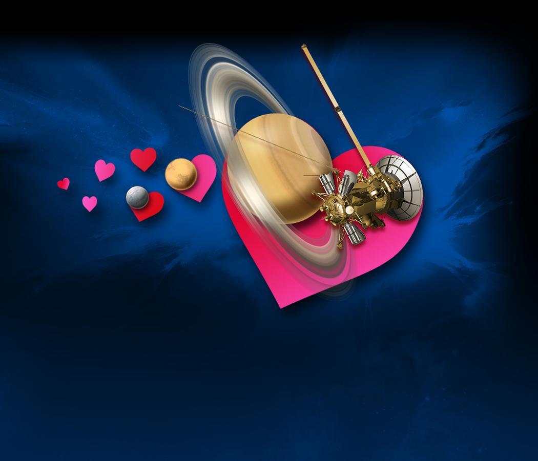 Illustration showing hearts, Saturn, Titan and the Cassini spacecraft.