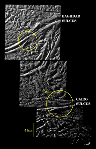 Baghdad and Cairo Sulci on Enceladus (labeled)