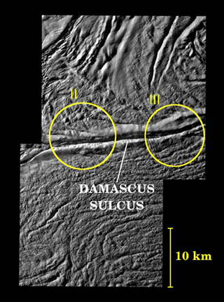 Damascus Sulcus on Enceladus (labeled)
