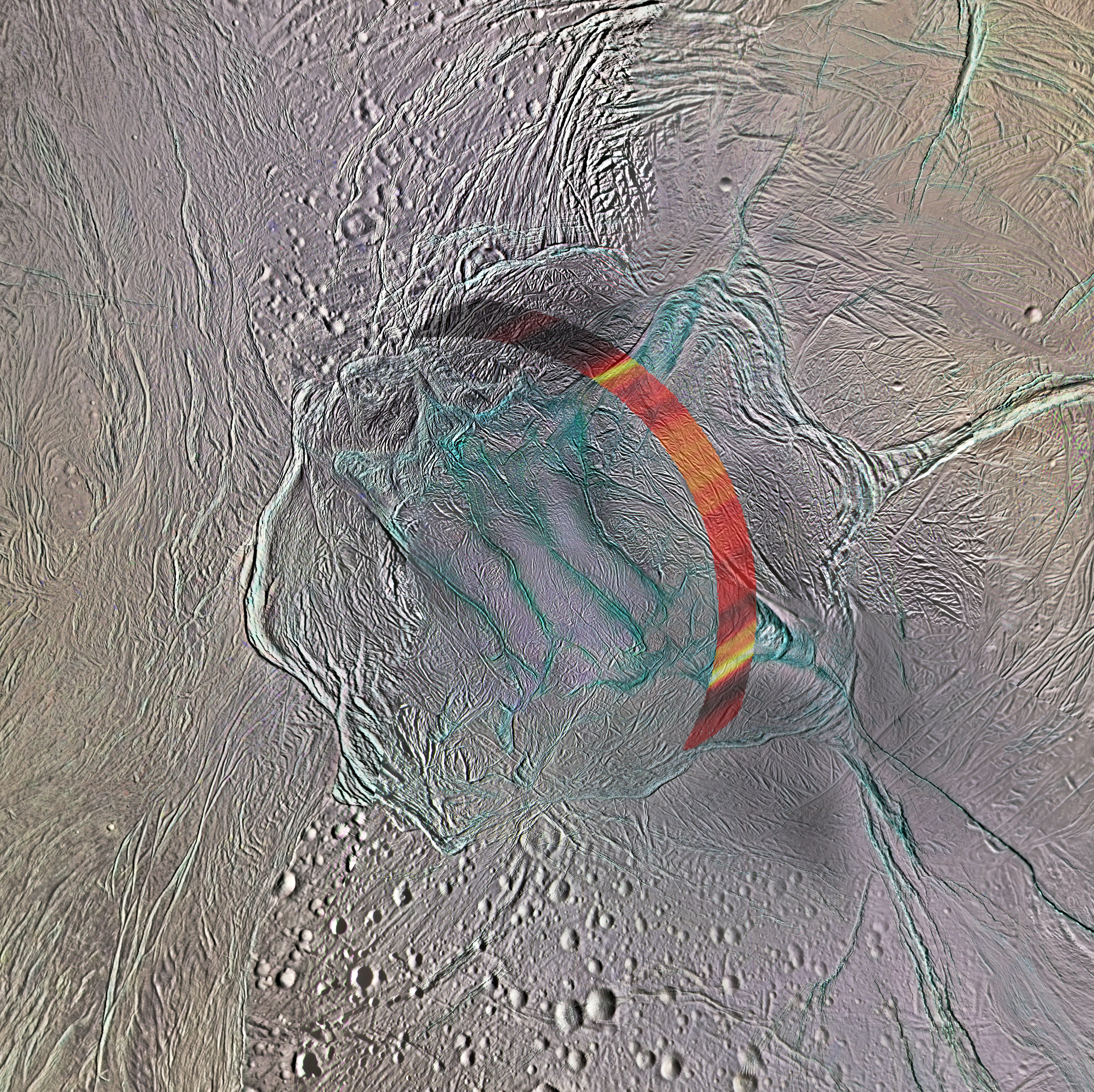 Color image with data overlay showing heat sources on Enceladus.