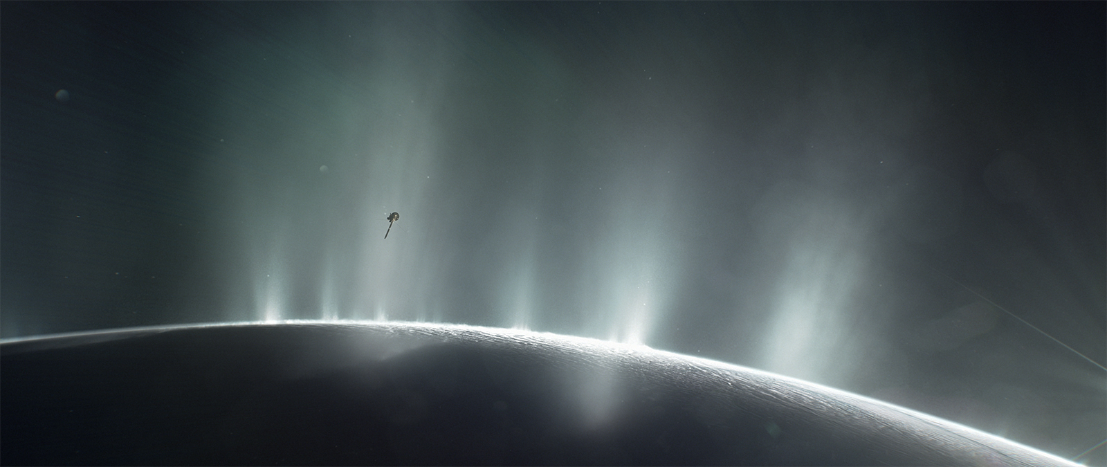 Artist concept of Cassini flying through Enceladus' plumes