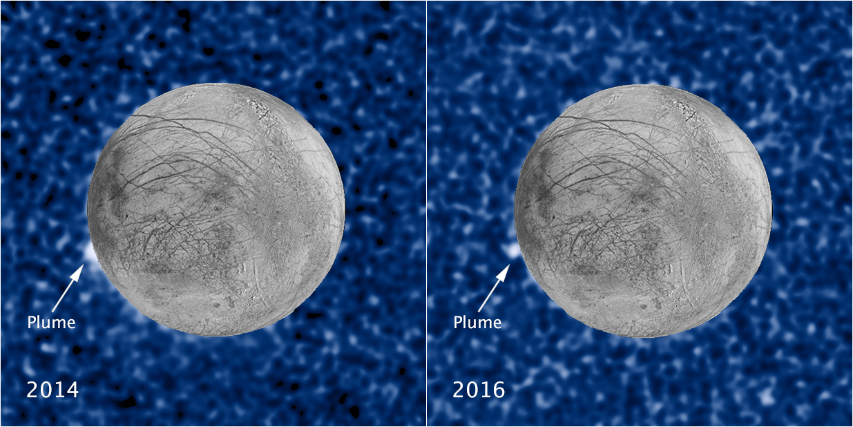 Enhanced image of Europa showing a possible plume.