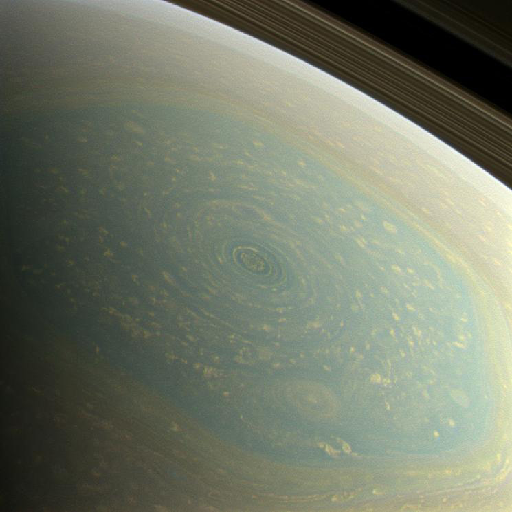 Color view of Saturn's north polar hexagon storm.