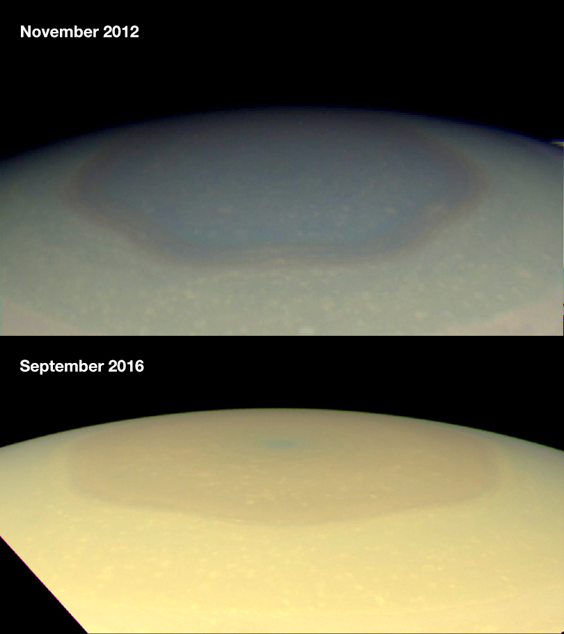 Two color images showing Saturn's North Pole changing from bluish to golden over the years.
