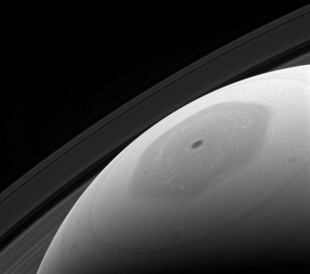 An image of Saturn's north polar hexagonal jet stream.