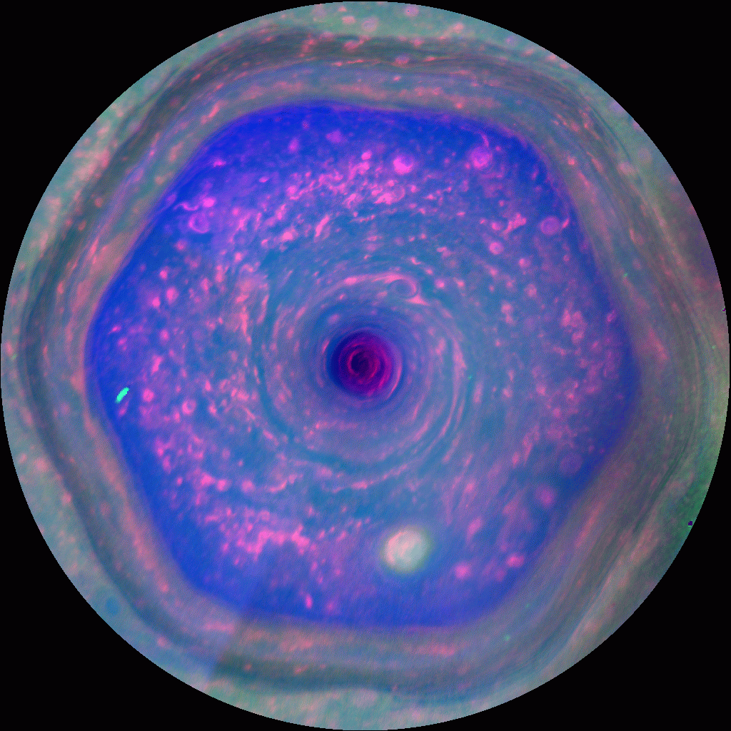 An animated gif of Saturn's north polar hexagon and vortex.