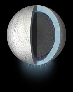 This artist's rendering showing a cutaway view into the interior of Saturn's moon Enceladus.