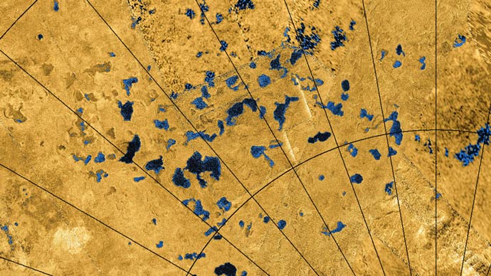 This colorized mosaic from NASA's Cassini mission shows the Titan's northern land of lakes and seas.