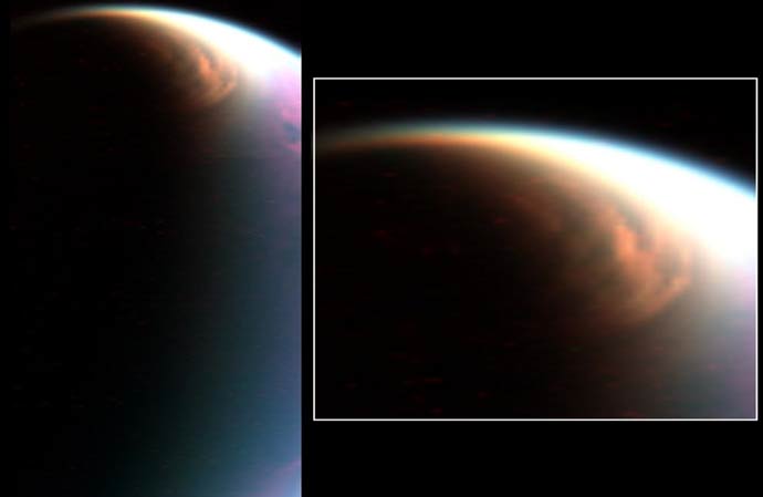 This cloud in the stratosphere over the north pole of Titan is similar to Earth's polar stratospheric clouds.