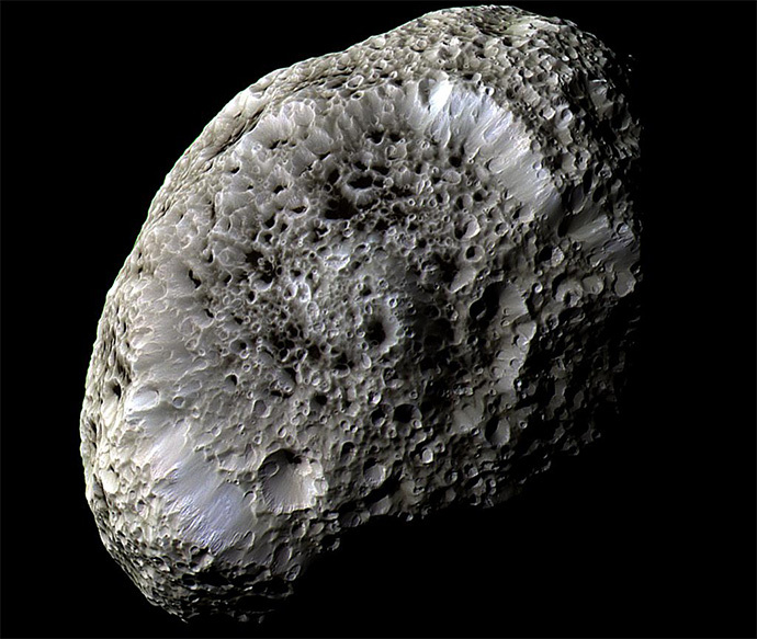 Cassini obtained this false-color view of Saturn's chaotically tumbling moon Hyperion