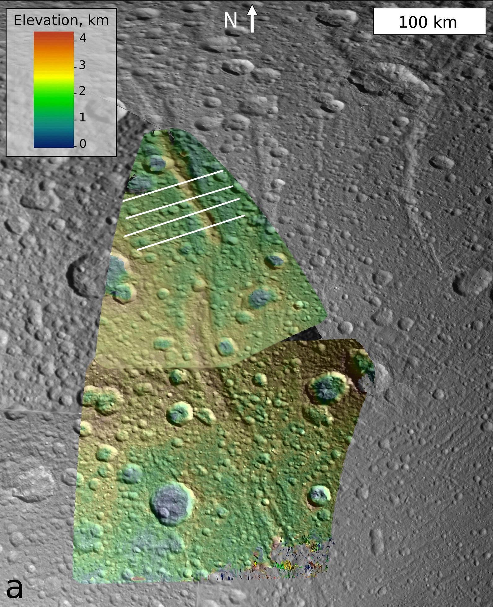 The topography of a mountain known as Janiculum Dorsa on the Saturnian moon Dione.