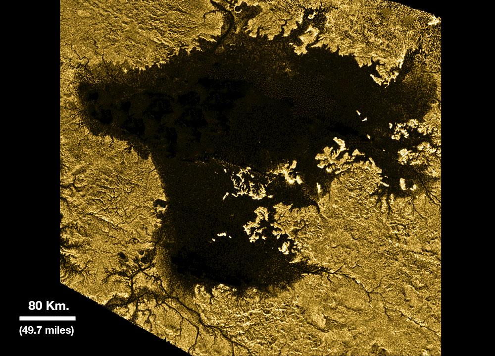 This image shows the first flash of sunlight reflected off a lake on Titan.