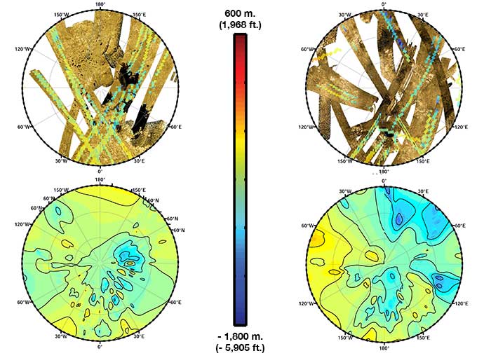 These polar maps show the first global, topographic mapping of Saturn's moon Titan,