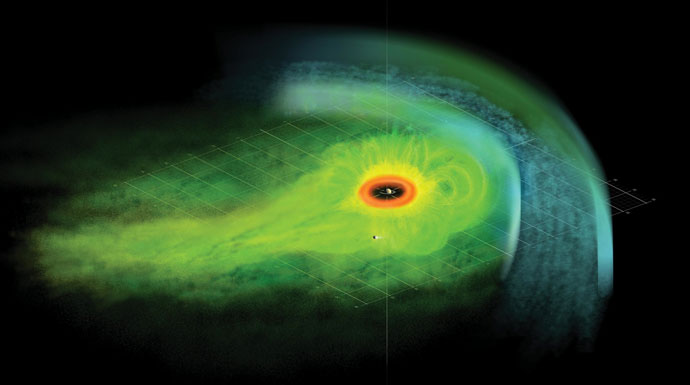 This is an artist's concept of the Saturnian plasma sheet based on data from Cassini magnetospheric imaging instrument.
