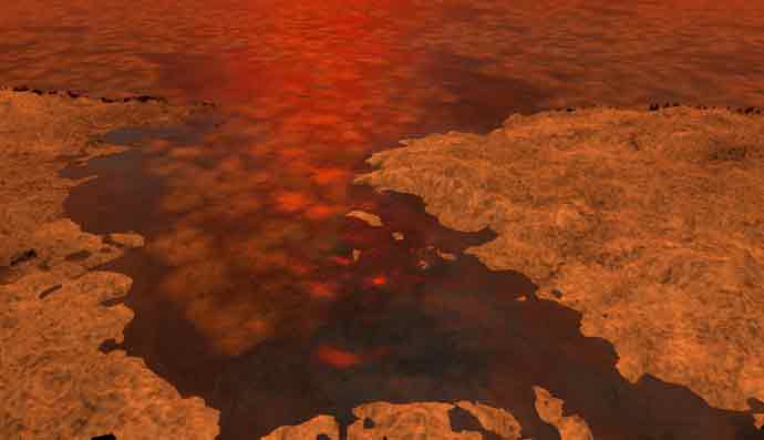 This artist's concept envisions what hydrocarbon ice forming on a liquid hydrocarbon sea of Saturn's moon Titan might look like.