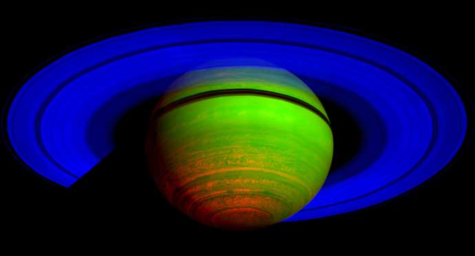 This false-color composite image shows Saturn's rings and southern hemisphere.