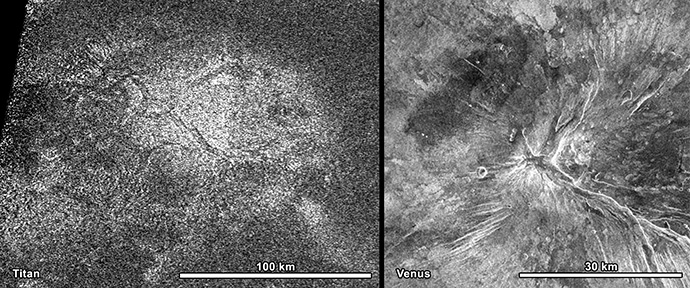 NASA's Cassini spacecraft obtained this image of a feature shaped like a hot cross bun in the northern region of Titan