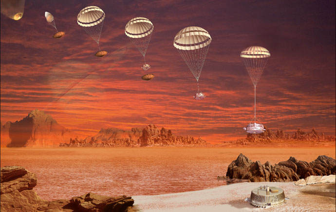 The artist's concept shows the European Space Agency's Huygens probe descent sequence.