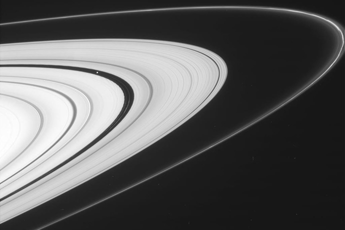 This view, from Cassini's imaging camera, shows the outer A ring and the F ring.