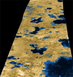 This false-color image shows evidence for lakes of liquid hydrocarbons, probably methane or ethane, on Titan's surface.