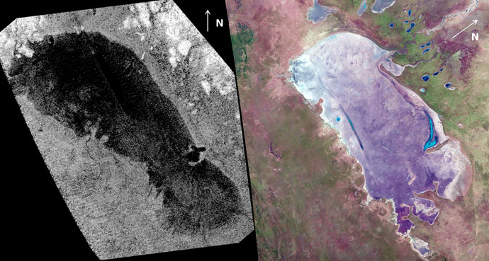 The lake known as Ontario Lacus on Titan (left) bears striking similarity to a salt pan on Earth known as the Etosha Pan