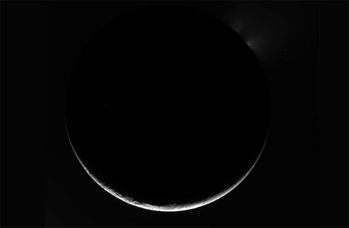 This image of Enceladus was taken by Cassini on April 14, 2012, from approximately 75,067 miles