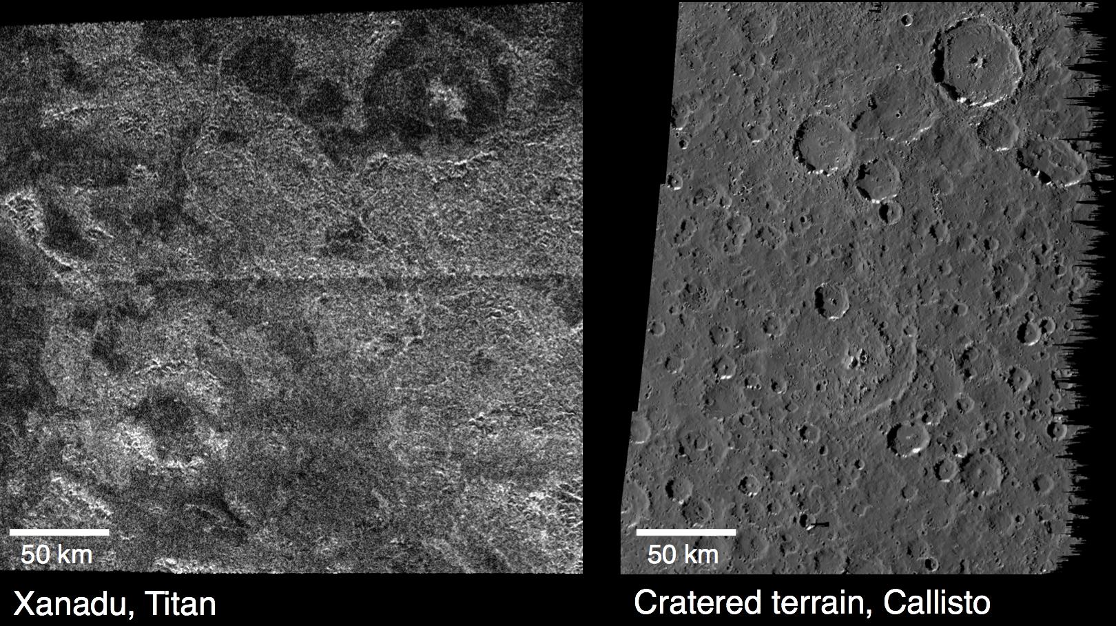 These images compare surface features observed by NASA's Cassini at the Xanadu region (left), and features observed by NASA's Galileo on Jupiter's moon Callisto (right).