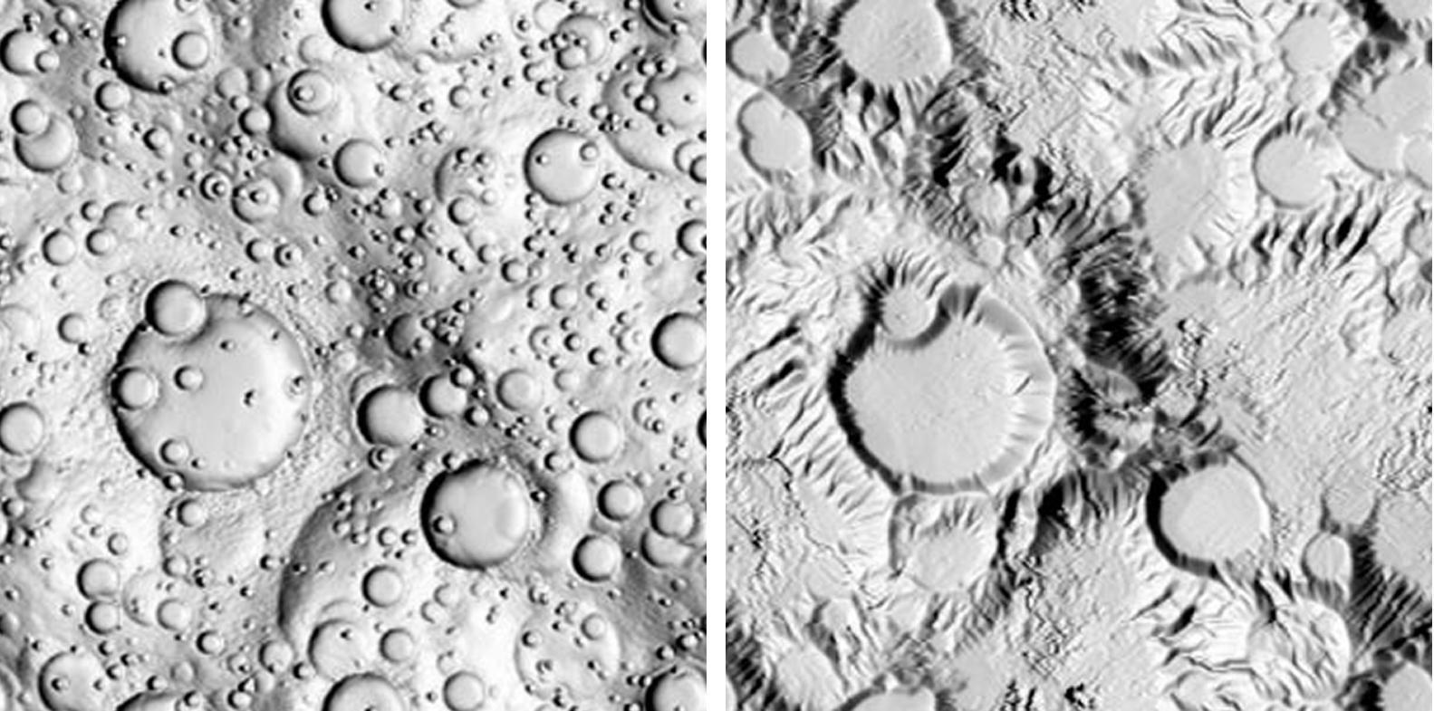 These two computer simulation models of landform evolution illustrate how, over time, rain can carve landscapes into formations that look like aspects of volcanoes.