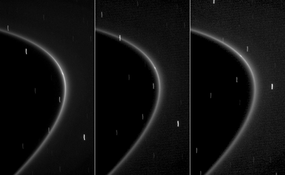 This sequence of three images shows the path of a newly found moonlet in a bright arc of Saturn's faint G ring.
