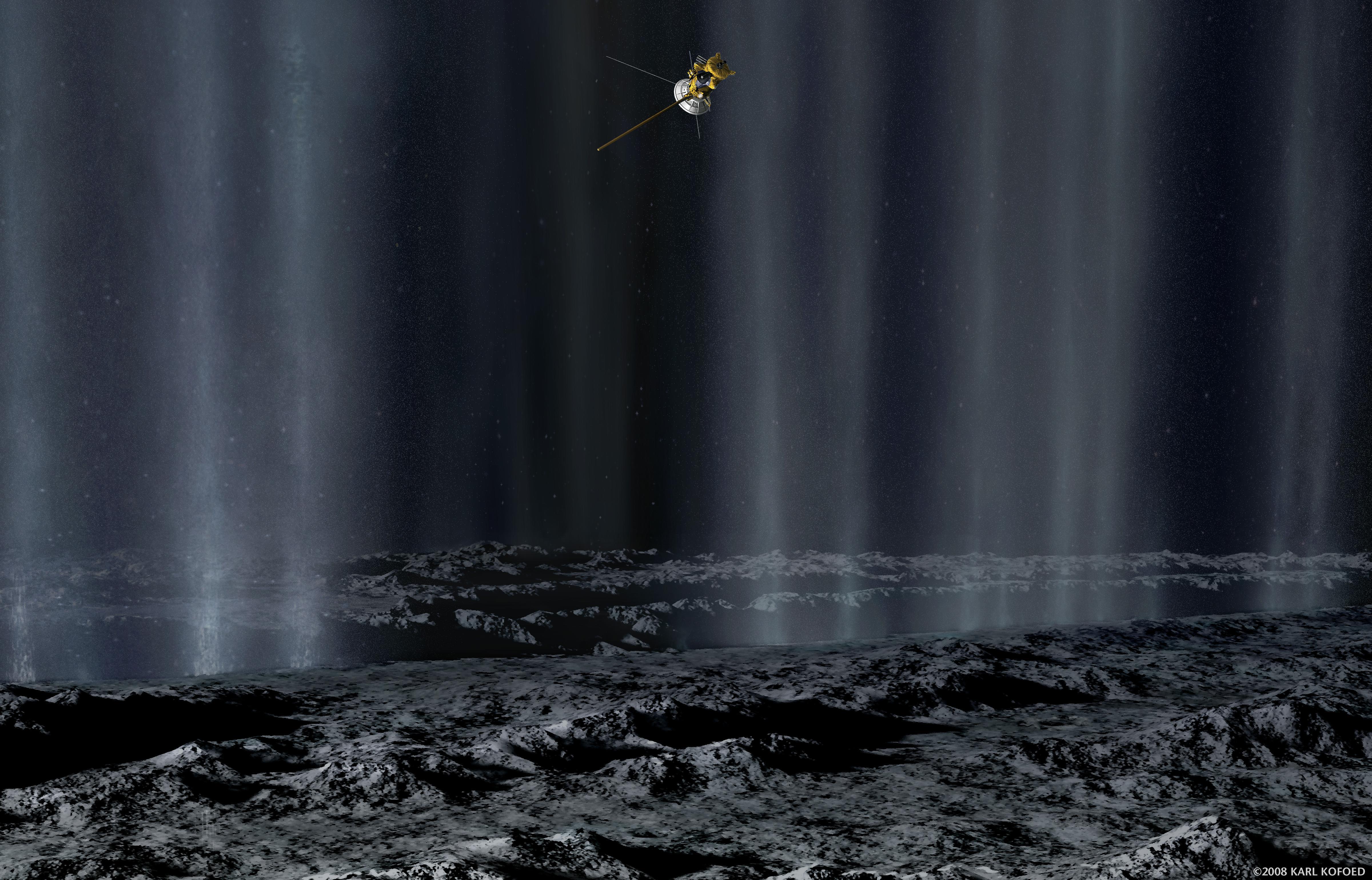 Artist's concept of a close flyby of Enceladus by the Cassini spacecraft