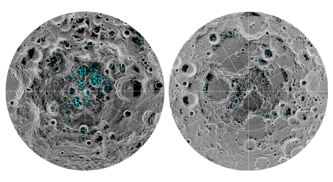 Ice highlighted in lunar craters on the Moon.