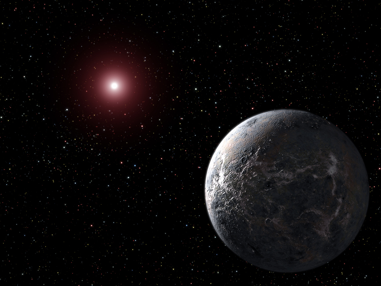 Illustration of icy world orbiting distant star.