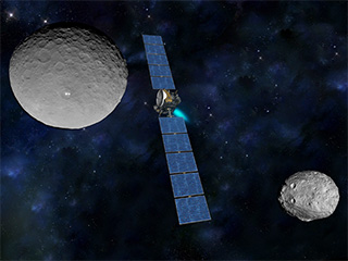 Artist's concept of Dawn traveling from the giant protoplanet Vesta (in a Dawn photo at lower right) to dwarf planet Ceres (upper left)