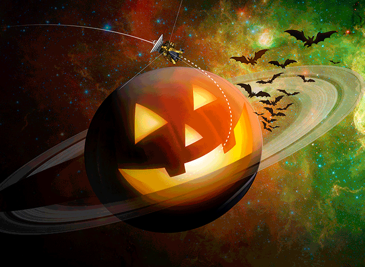 Animated GIF showing whimsical Halloween versions of Saturn